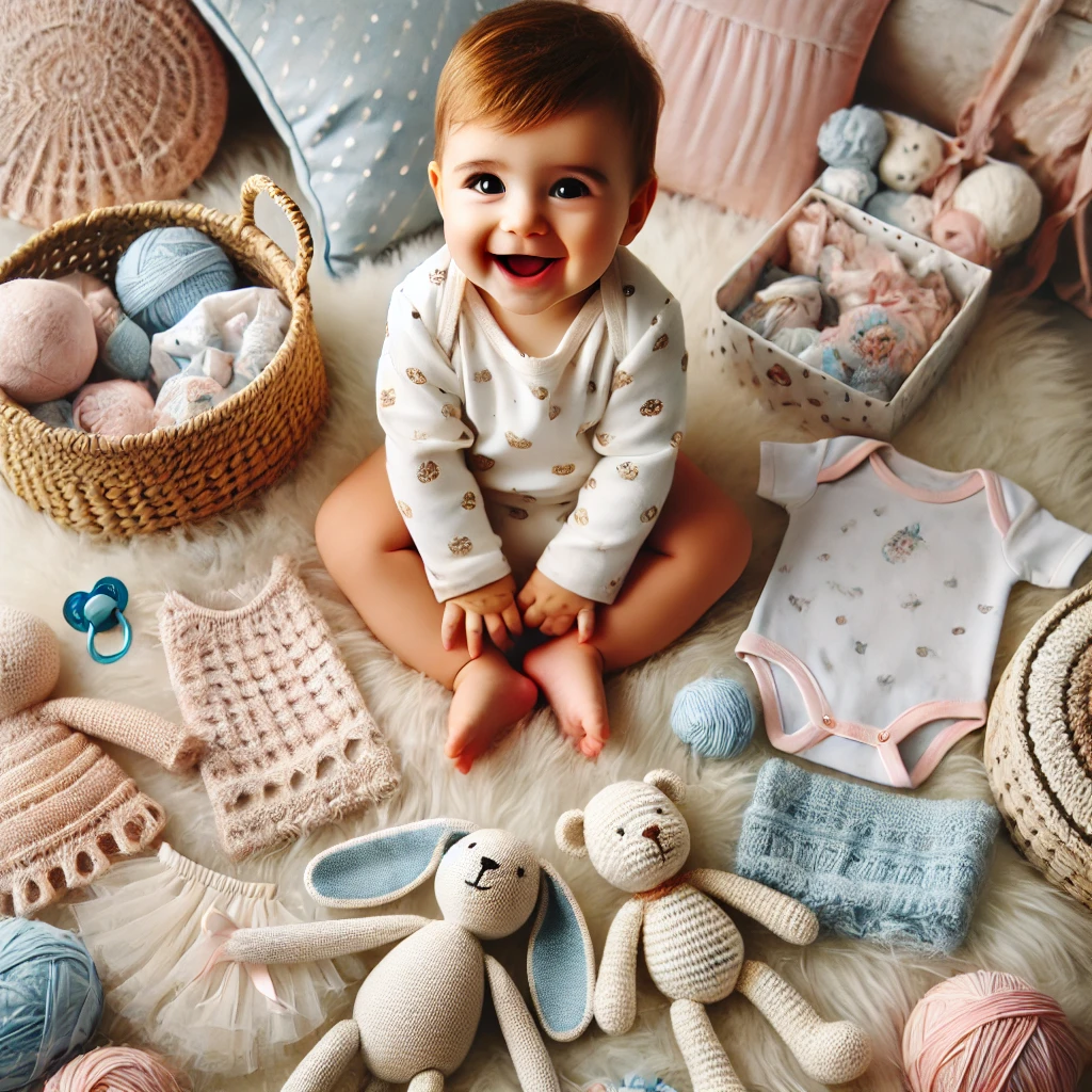 Bebê com itens de enxoval